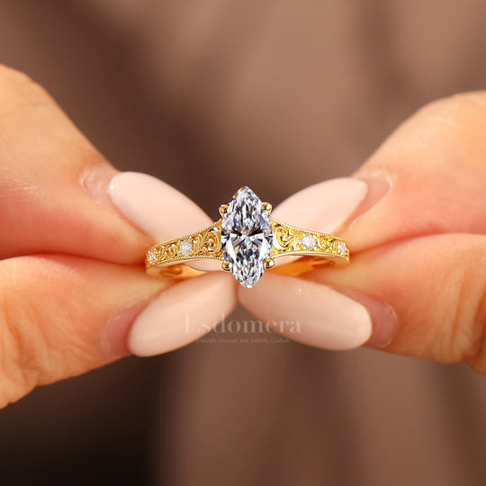 14K Dainty Vintage Marquise Lab Grown Diamond Engagement Ring Pave Accents Wedding Ring Yellow Gold Wedding Ring (IGI Certified)