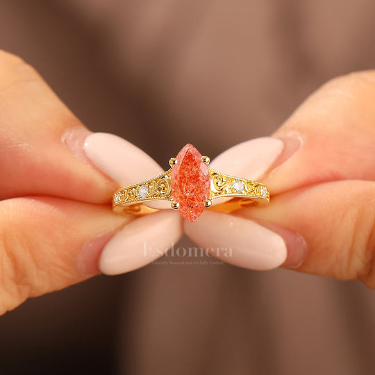 Artsy Marquise Cut Sunstone Filigreed Milgrained Women Ring Solid Yellow Gold Bridal Ring