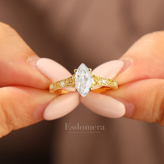 Vine Flourish Marquise Cut Moissanite Damenring Vintage Filigraner Moissanite Verlobungsring