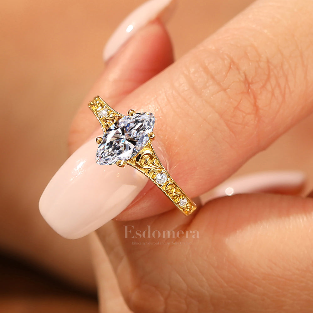 14K Dainty Vintage Marquise Lab Grown Diamond Engagement Ring Pave Accents Wedding Ring Yellow Gold Wedding Ring (IGI Certified)