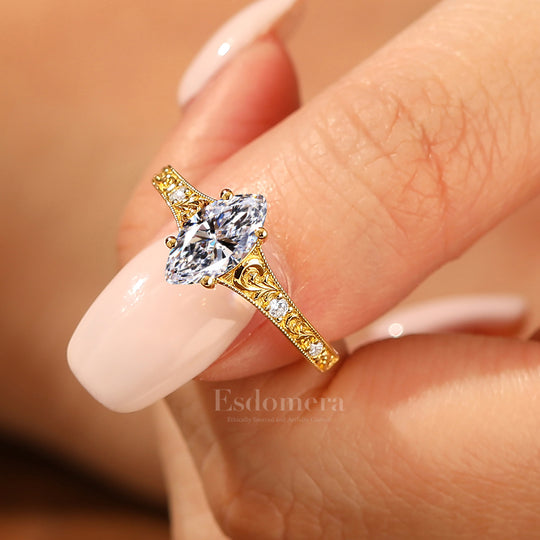 14K Dainty Vintage Marquise Lab Grown Diamond Engagement Ring Pave Accents Wedding Ring Yellow Gold Wedding Ring (IGI Certified)
