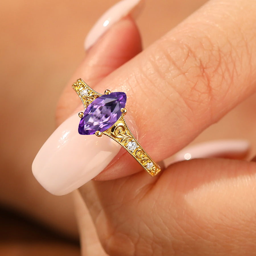 Antique Style Amethyst Women Ring Filigreed Vine Prong Setting Engagement Ring