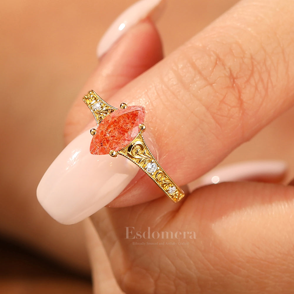 Artsy Marquise Cut Sunstone Filigreed Milgrained Women Ring Solid Yellow Gold Bridal Ring