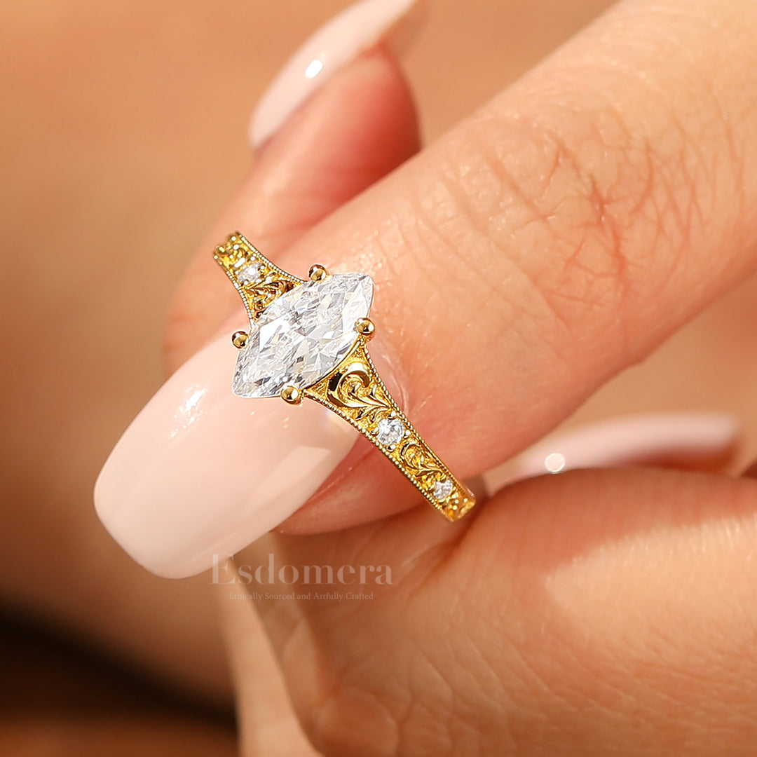 Vine Flourish Marquise Cut Moissanite Damenring Vintage Filigraner Moissanite Verlobungsring