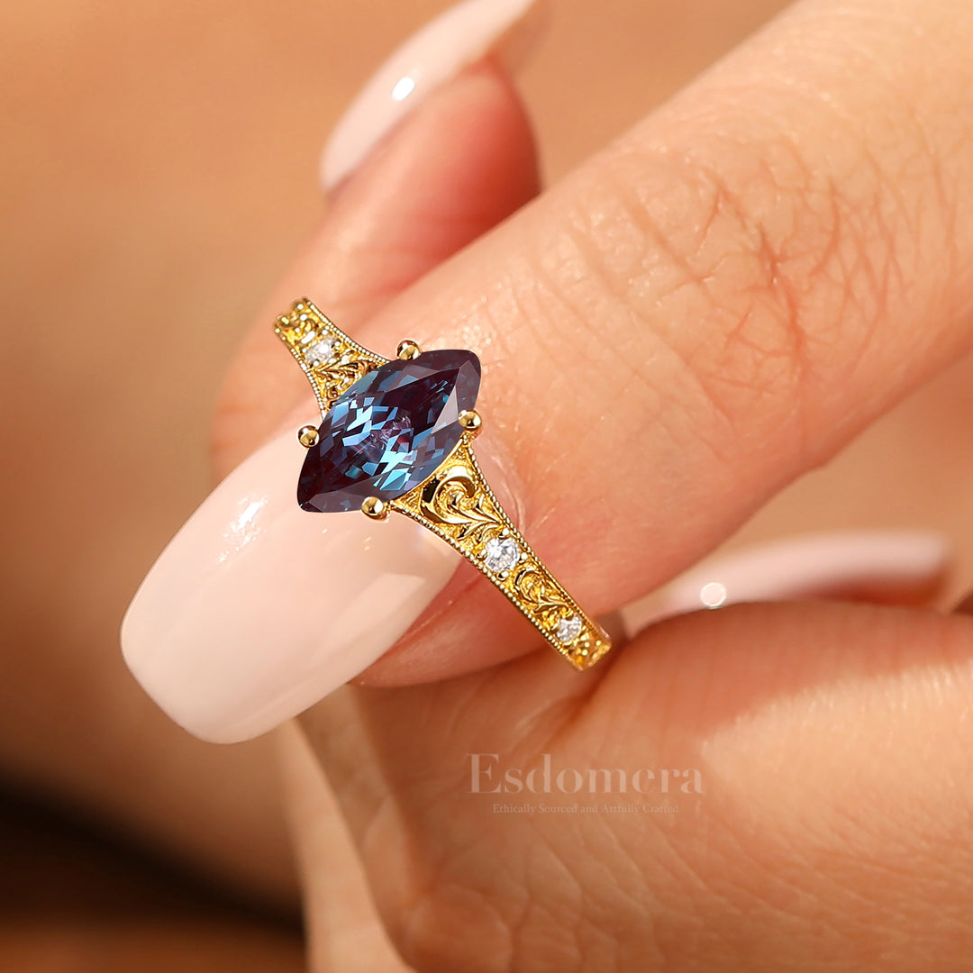 Vine Flourish Marquise Cut Alexandrite Women Ring Vintage Filigreed Bridal Ring