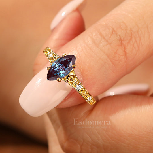 Vine Flourish Marquise Cut Alexandrite Women Ring Vintage Filigreed Bridal Ring