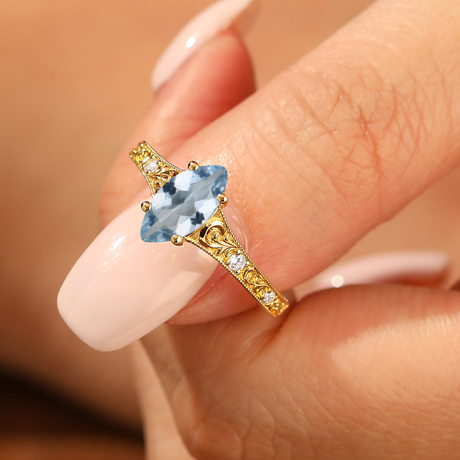 Scrollwork Milgrained Aquamarine Wedding Ring Vintage 925 Sterling Silver Gold Plated Women Ring
