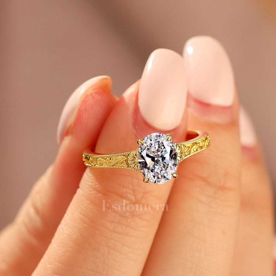 Solitaire Oval Cut Lab Grown Diamond Engraved Floral Ring 4 Prongs Anniversary Bridal Ring (IGI Certified)