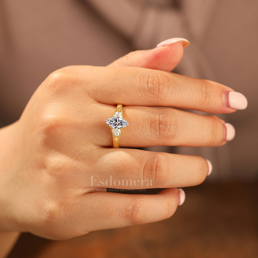Engaste de Vid con Diamante Cultivado en Laboratorio Corte Marquesa para Mujer Anillo Hecho a Mano Aniversario Anillo de Boda (Certificado IGI)