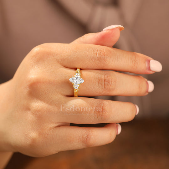 Vintage Leaf Vine Engraved Moissanite Engagement Ring Marquise Cut Moissanite Wedding Ring