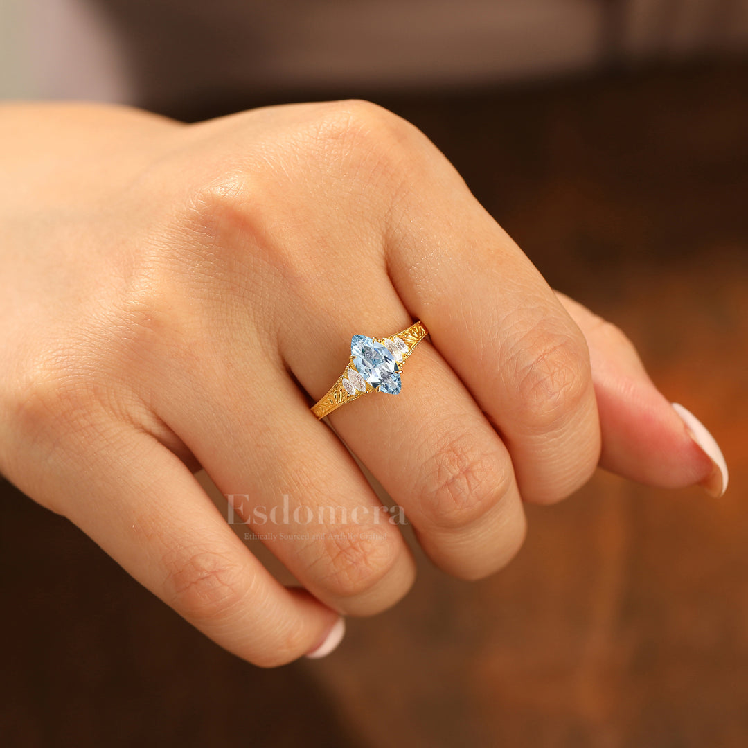Vintage Leaf Vine Engraved Aquamarine Engagement Ring Marquise Cut Moissanite Wedding Ring