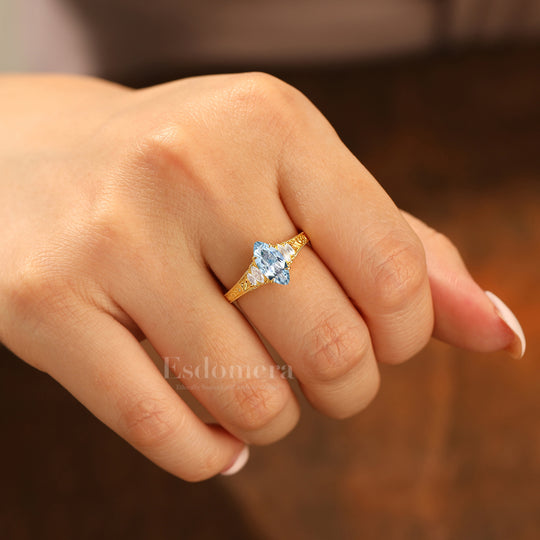 Vintage Leaf Vine Engraved Aquamarine Engagement Ring Marquise Cut Moissanite Wedding Ring