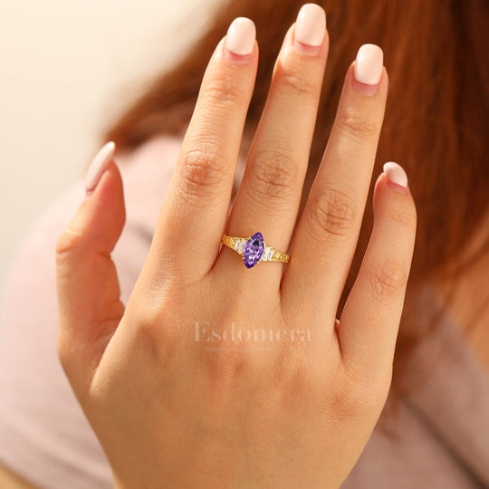Vintage Leaf Vine Engraved Natural Amethyst Engagement Ring Marquise Cut Wedding Ring
