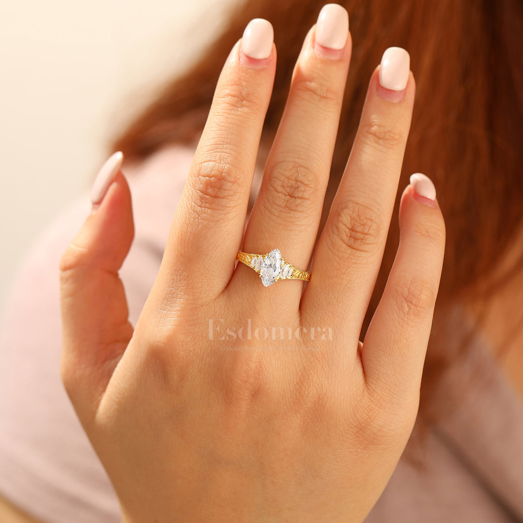 Vintage Leaf Vine Engraved Moissanite Engagement Ring Marquise Cut Moissanite Wedding Ring