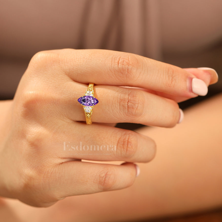 Vintage Leaf Vine Engraved Natural Amethyst Engagement Ring Marquise Cut Wedding Ring