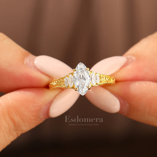Vintage Leaf Vine Engraved Moissanite Engagement Ring Marquise Cut Moissanite Wedding Ring