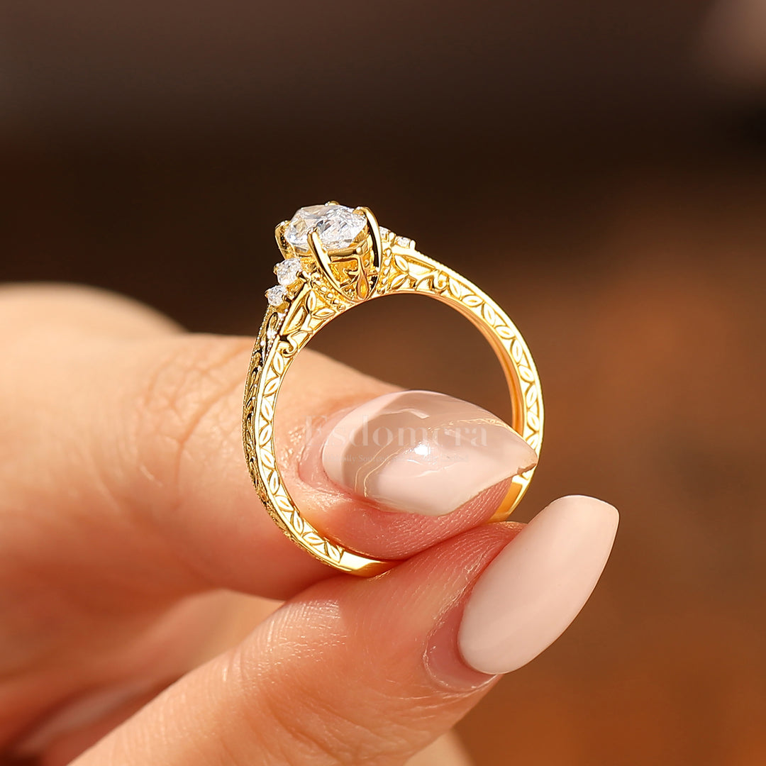 Vintage Leaf Vine Engraved Moissanite Engagement Ring Marquise Cut Moissanite Wedding Ring