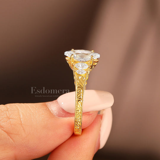 Vintage Leaf Vine Engraved Moissanite Engagement Ring Marquise Cut Moissanite Wedding Ring