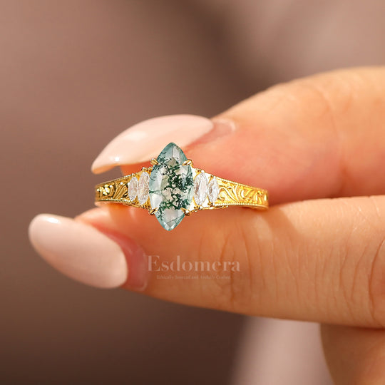 Vintage Leaf Vine Engraved Natural Moss Agate Engagement Ring Marquise Cut  Wedding Ring