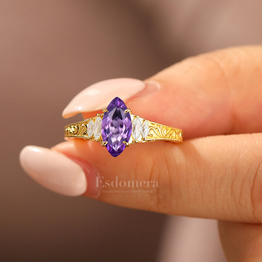 Vintage Leaf Vine Engraved Natural Amethyst Engagement Ring Marquise Cut Wedding Ring