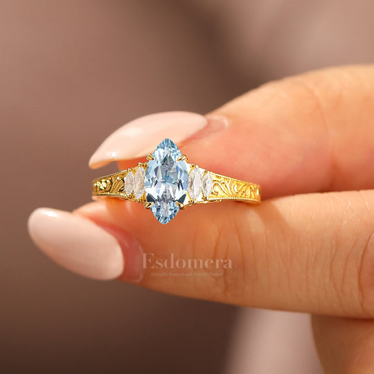 Vintage Leaf Vine Engraved Aquamarine Engagement Ring Marquise Cut Moissanite Wedding Ring