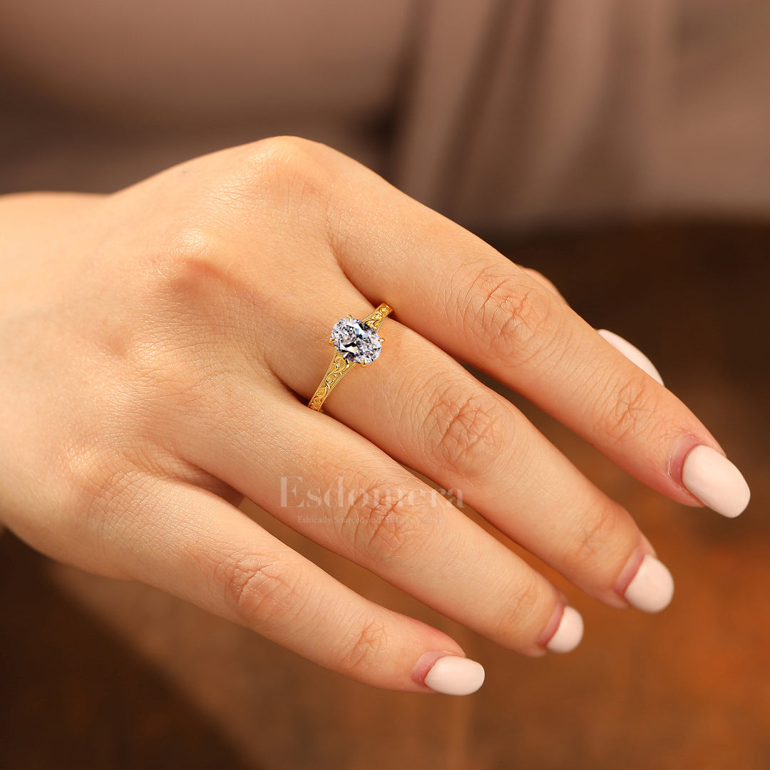 14K Anillo Solitario Ovalado de Diamante Cultivado en Laboratorio Estilo Art Nouveau con Diseño Intrincado de Encaje en la Banda Anillo de Boda (Certificado IGI)