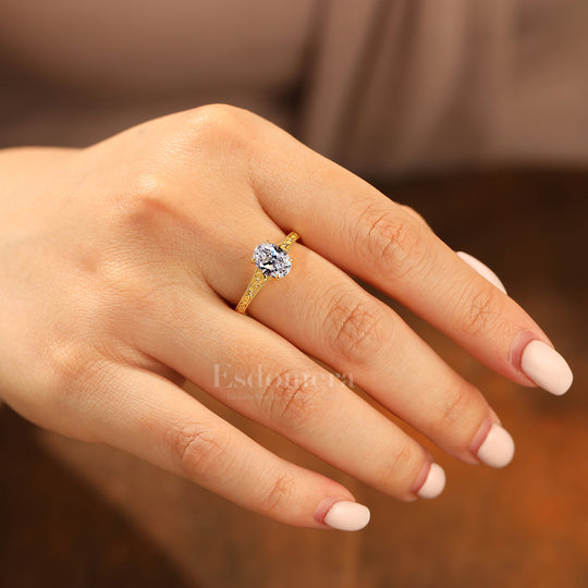 14K Anillo Solitario Ovalado de Diamante Cultivado en Laboratorio Estilo Art Nouveau con Diseño Intrincado de Encaje en la Banda Anillo de Boda (Certificado IGI)