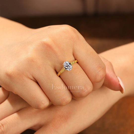 14K Anillo Solitario Ovalado de Diamante Cultivado en Laboratorio Estilo Art Nouveau con Diseño Intrincado de Encaje en la Banda Anillo de Boda (Certificado IGI)