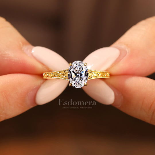 14K Anillo Solitario Ovalado de Diamante Cultivado en Laboratorio Estilo Art Nouveau con Diseño Intrincado de Encaje en la Banda Anillo de Boda (Certificado IGI)