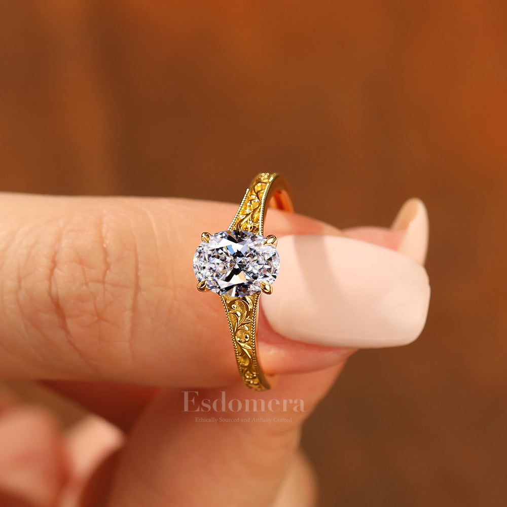 14K Anillo Solitario Ovalado de Diamante Cultivado en Laboratorio Estilo Art Nouveau con Diseño Intrincado de Encaje en la Banda Anillo de Boda (Certificado IGI)