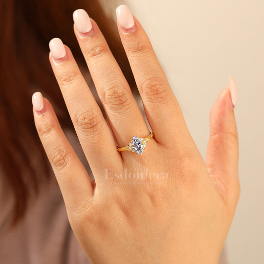 Nature-Inspired Vintage 14K Yellow Gold 1CT Marquise Cut Lab Grown Diamond Ring Filigree Wedding Ring (IGI Certified)