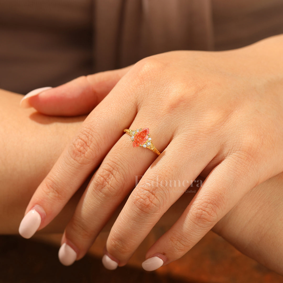 Nature-Inspired Vintage 14K Yellow Gold Natural Sunstone Engagement Ring Filigree Wedding Ring