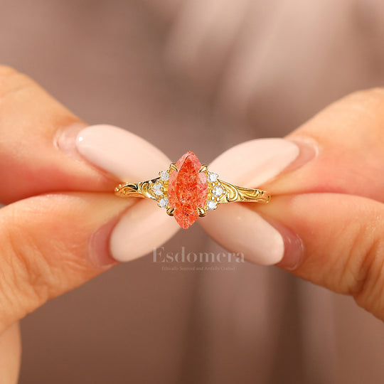 Nature-Inspired Vintage 14K Yellow Gold Natural Sunstone Engagement Ring Filigree Wedding Ring