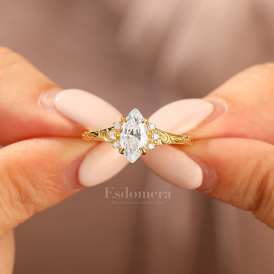Nature-Inspired Vintage 14K Yellow Gold Moissanite Engagement Ring Filigree Wedding Ring