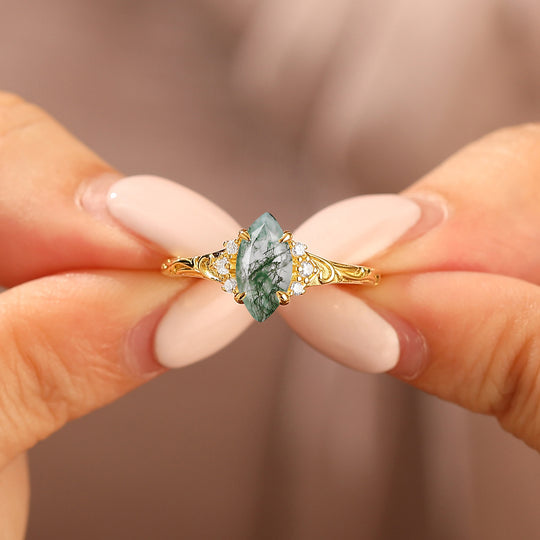 Nature-Inspired Vintage 14K Yellow Gold Natural Moss Agate Engagement Ring Filigree Wedding Ring