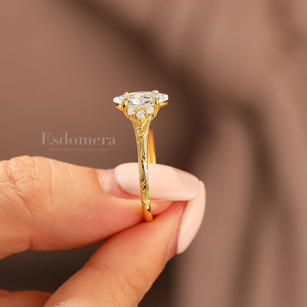Nature-Inspired Vintage 14K Yellow Gold Moissanite Engagement Ring Filigree Wedding Ring