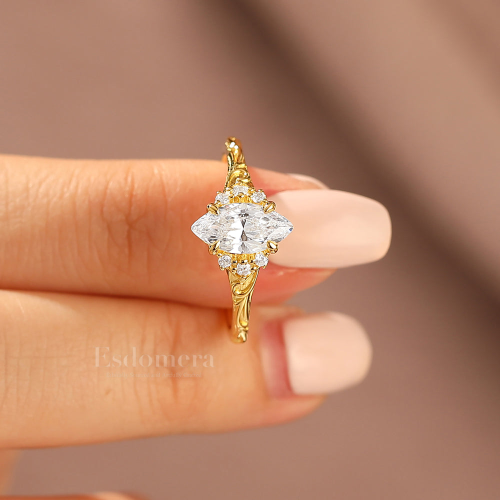 Nature-Inspired Vintage 14K Yellow Gold Moissanite Engagement Ring Filigree Wedding Ring