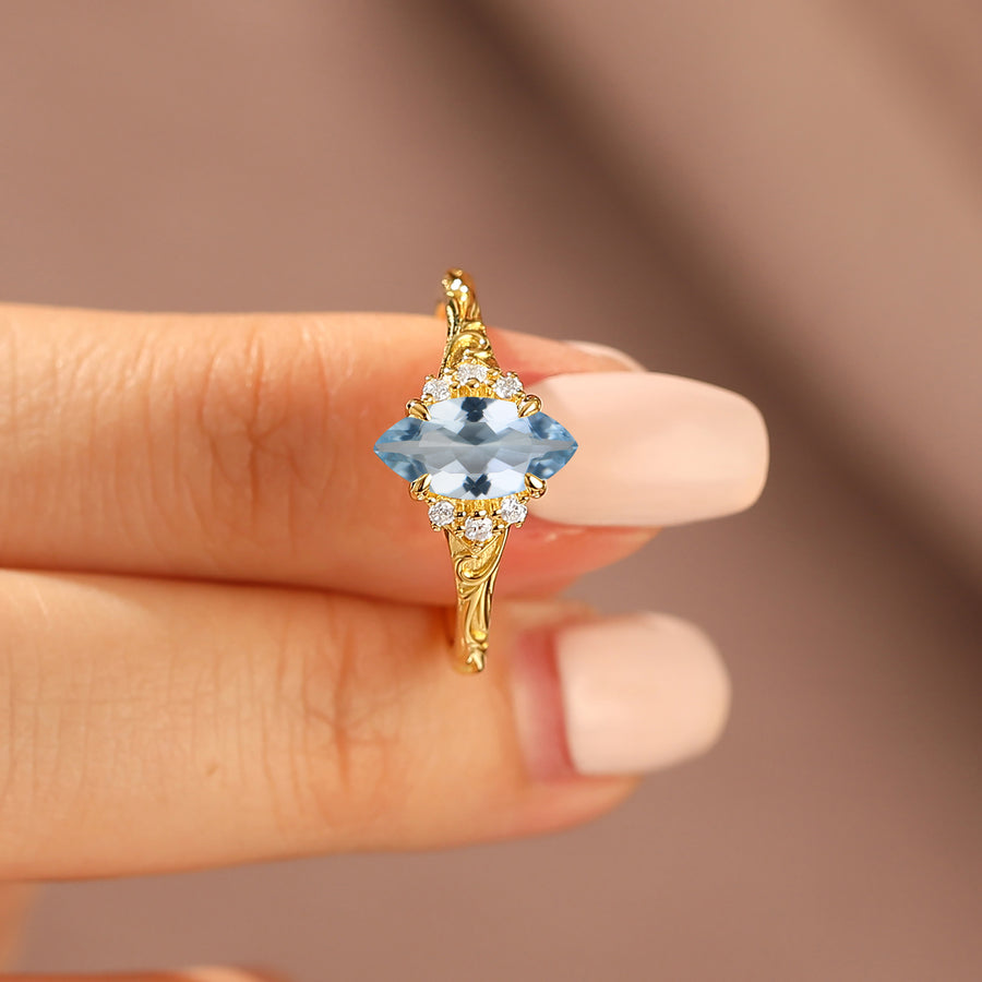 Nature-Inspired Vintage 14K Yellow Gold Aquamarine Engagement Ring Filigree Wedding Ring