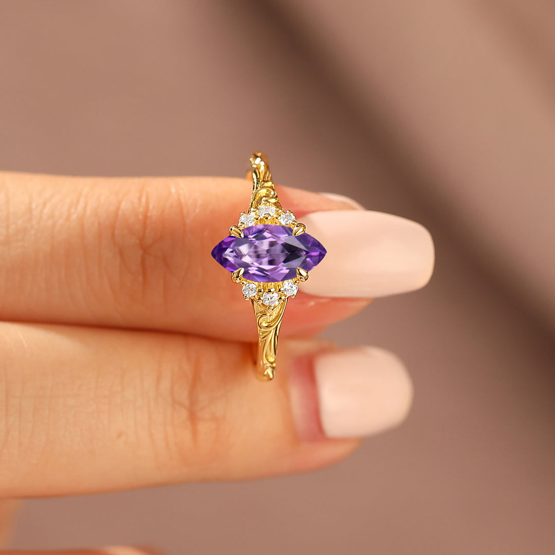 Nature-Inspired Vintage 14K Yellow Gold Natural Amethyst Engagement Ring Filigree Wedding Ring
