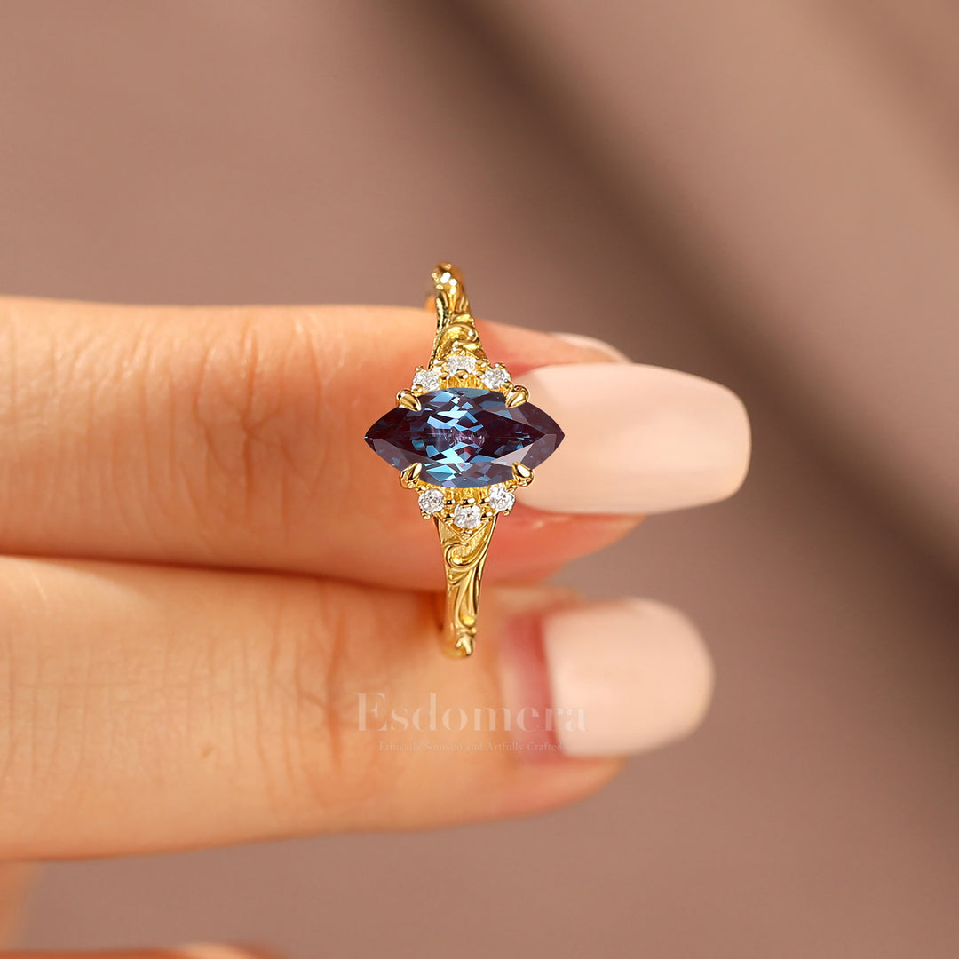 Nature-Inspired Vintage 14K Yellow Gold Alexandrite Engagement Ring Filigree Wedding Ring