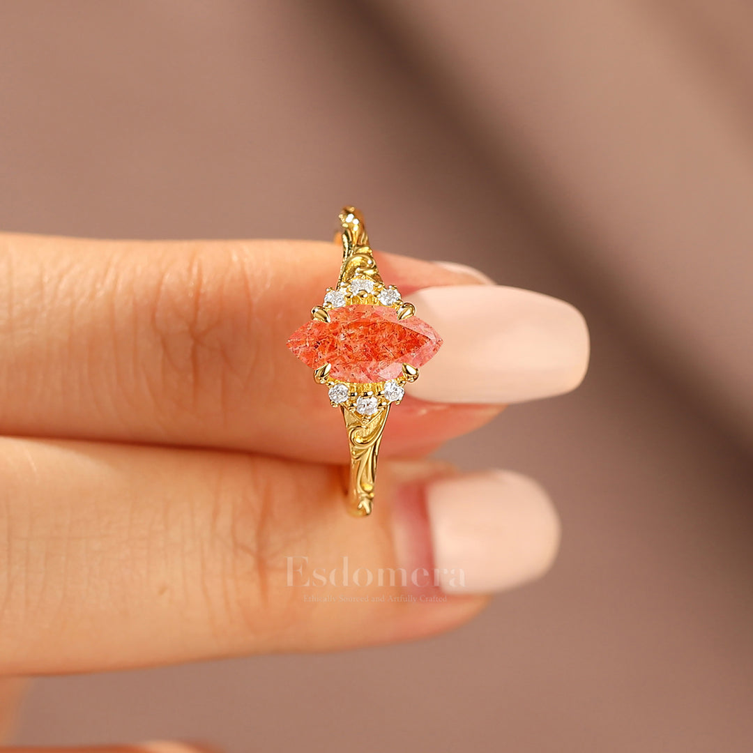 Nature-Inspired Vintage 14K Yellow Gold Natural Sunstone Engagement Ring Filigree Wedding Ring