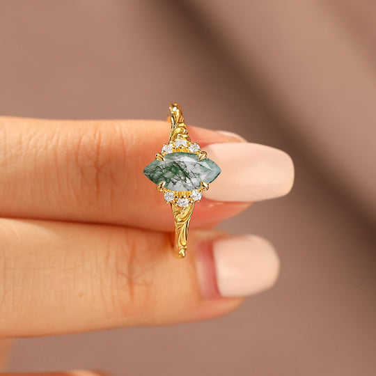 Nature-Inspired Vintage 14K Yellow Gold Natural Moss Agate Engagement Ring Filigree Wedding Ring