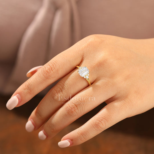 Unique 2CT Leaf-inspired Emerald Cut 14K Yellow Gold Moissanite Engagement Ring Filigree Wedding Ring