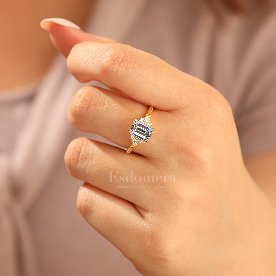 Unique 2CT Leaf-inspired Emerald Cut Lab Grown Diamond Bridal Ring Prongs Set Ring (IGI Certified)