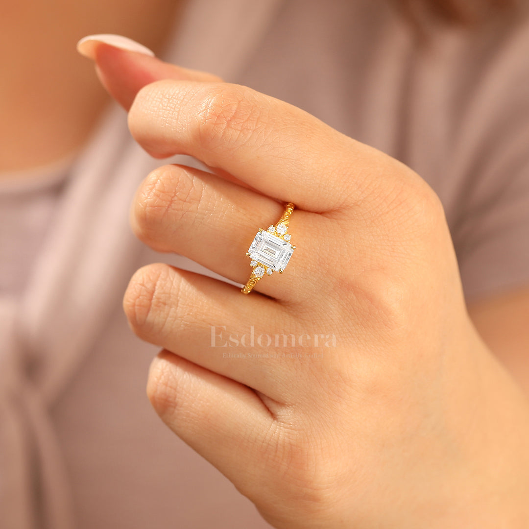 Unique 2CT Leaf-inspired Emerald Cut 14K Yellow Gold Moissanite Engagement Ring Filigree Wedding Ring