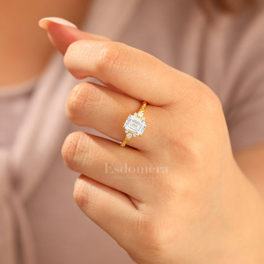 Unique 2CT Leaf-inspired Emerald Cut 14K Yellow Gold Moissanite Engagement Ring Filigree Wedding Ring
