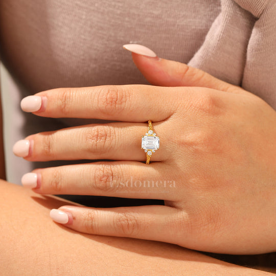 Unique 2CT Leaf-inspired Emerald Cut 14K Yellow Gold Moissanite Engagement Ring Filigree Wedding Ring