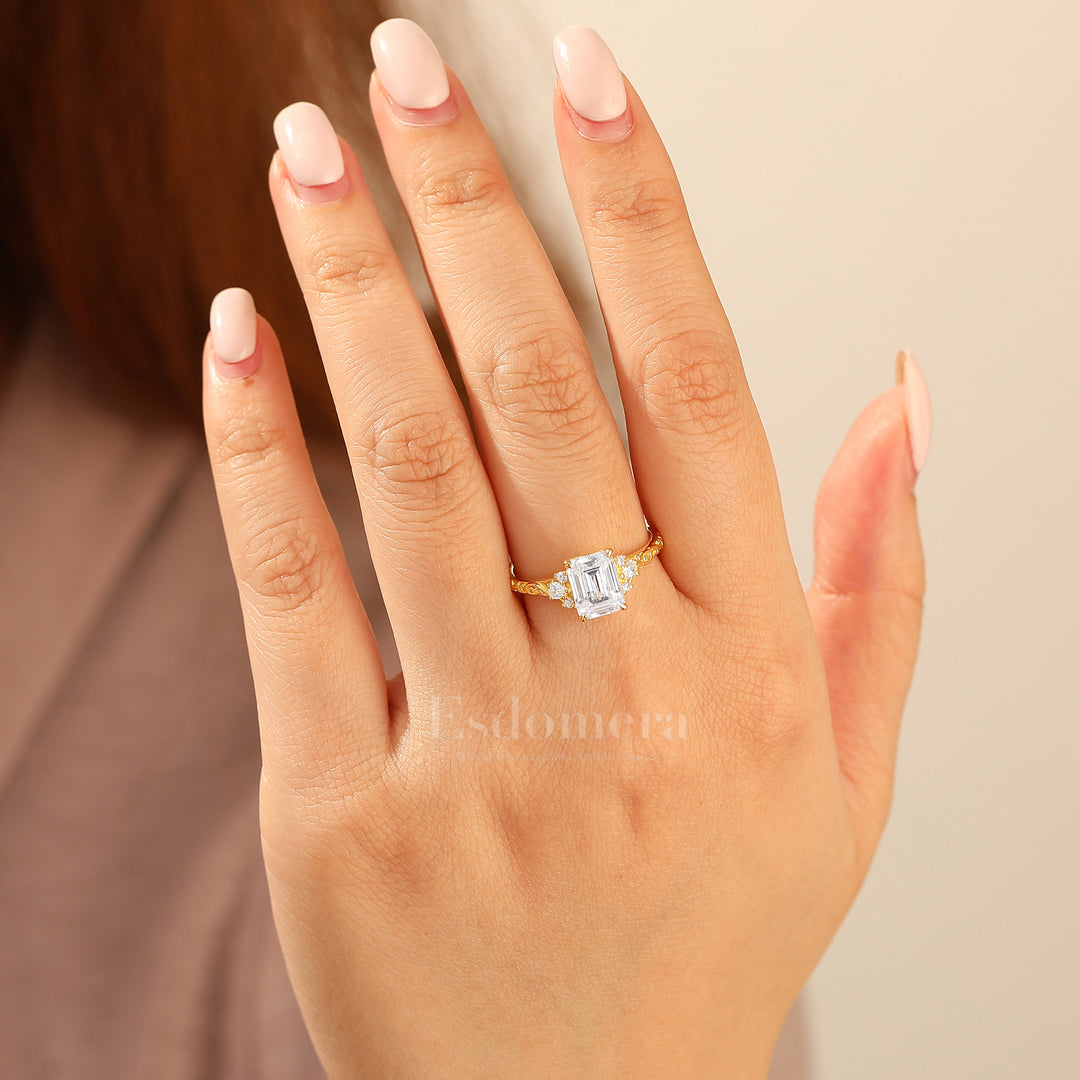 Unique 2CT Leaf-inspired Emerald Cut 14K Yellow Gold Moissanite Engagement Ring Filigree Wedding Ring