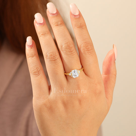 Unique 2CT Leaf-inspired Emerald Cut 14K Yellow Gold Moissanite Engagement Ring Filigree Wedding Ring