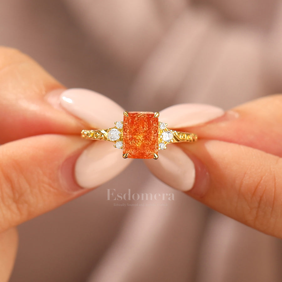Unique 2CT Leaf-inspired Emerald Cut 14K Yellow Gold Natural Sunstone Engagement Ring Filigree Wedding Ring